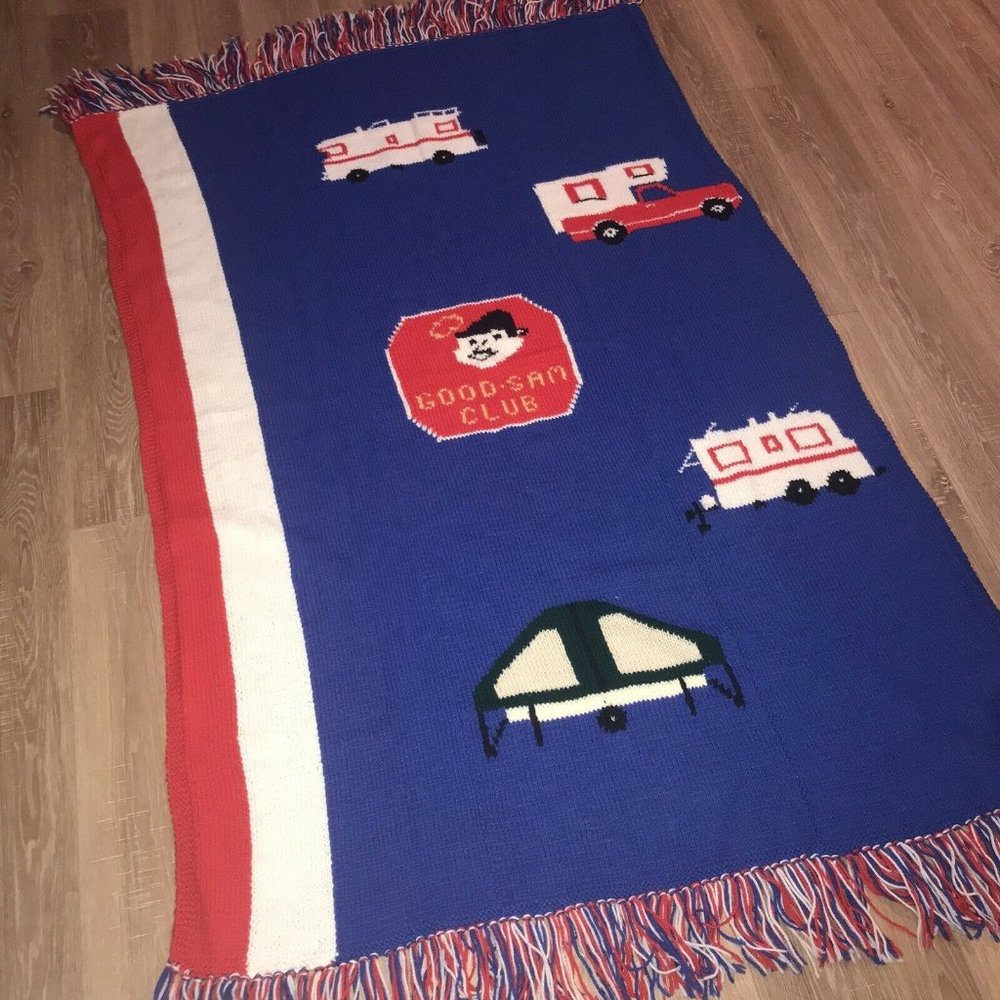 Vintage Good Sam Club Knit Throw Blanket Blue White Red 70s 80s Camping RV